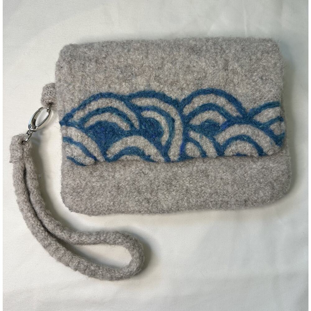Handmade Felted Wool Wristlet Clutch Boho Wave Design Lined Zipper Purse 8x6